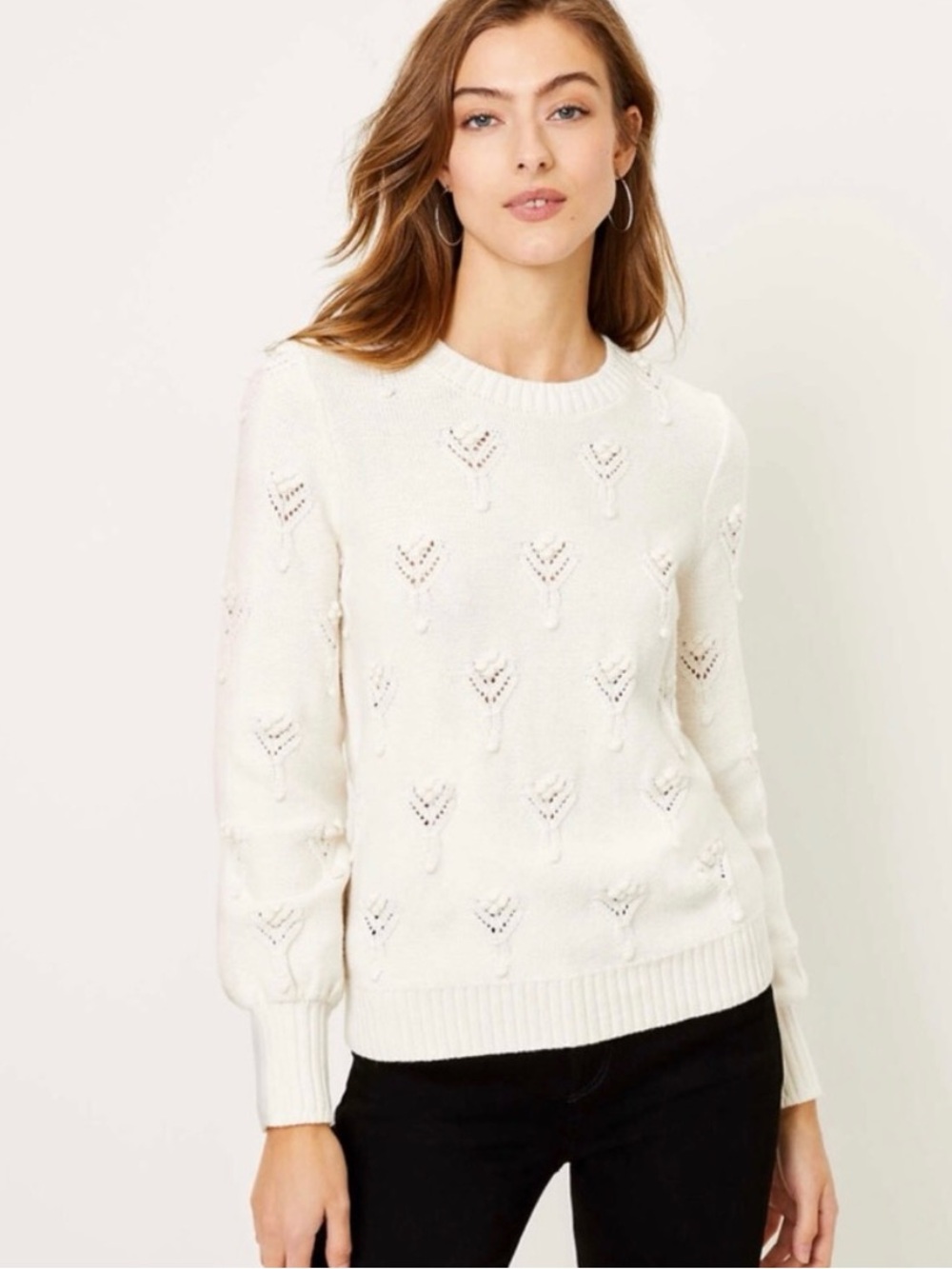 LOFT Women’s Cream Eyelet Crewneck Sweater